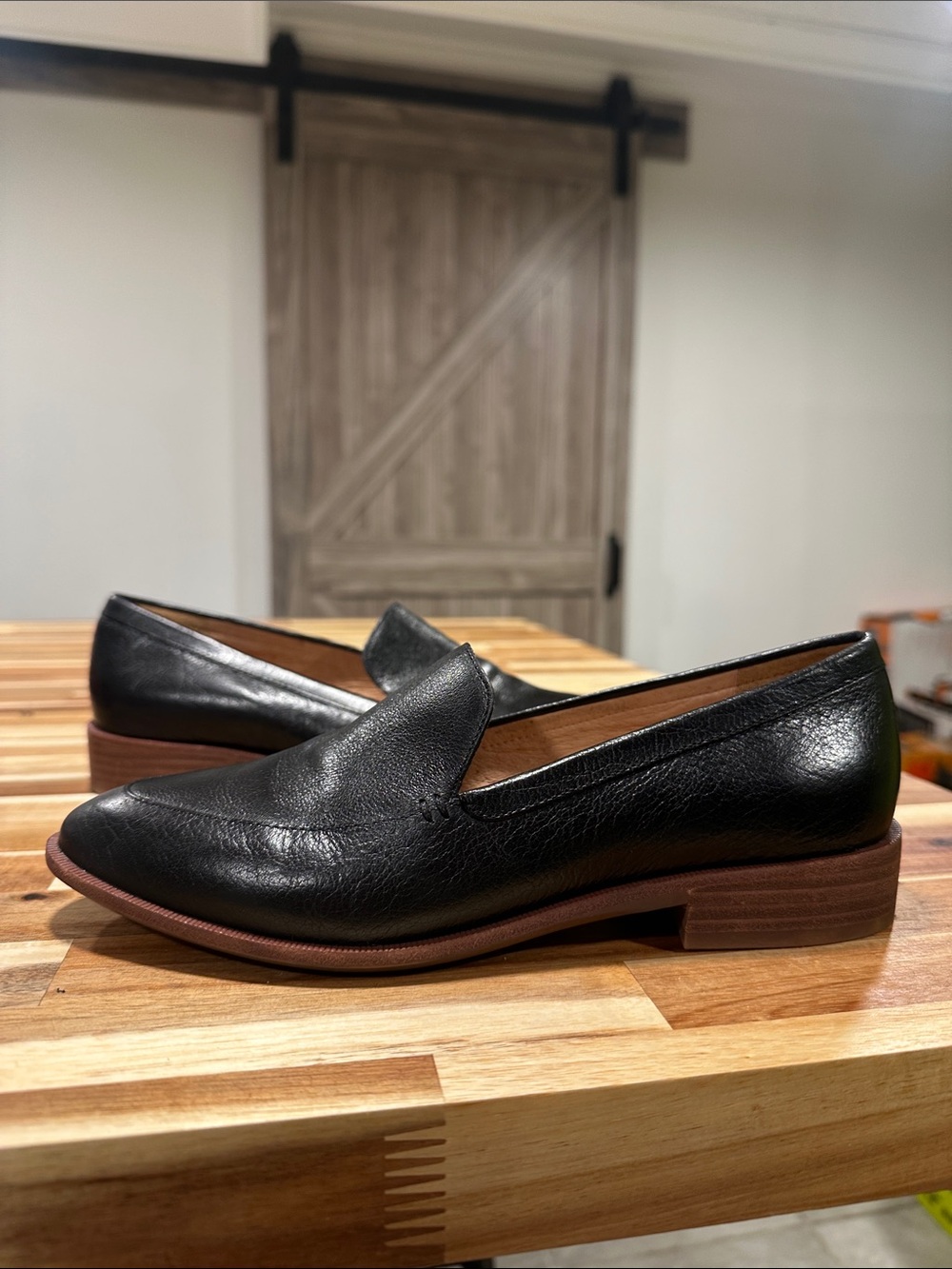 Madewell Black Leather Slip-On Loafers with Brown Heel 462